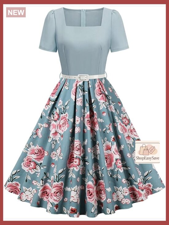 Dresses & Skirts - Vintage 50s Swing Dress Puff Sleeve Square Neck A-Line Cocktail Midi